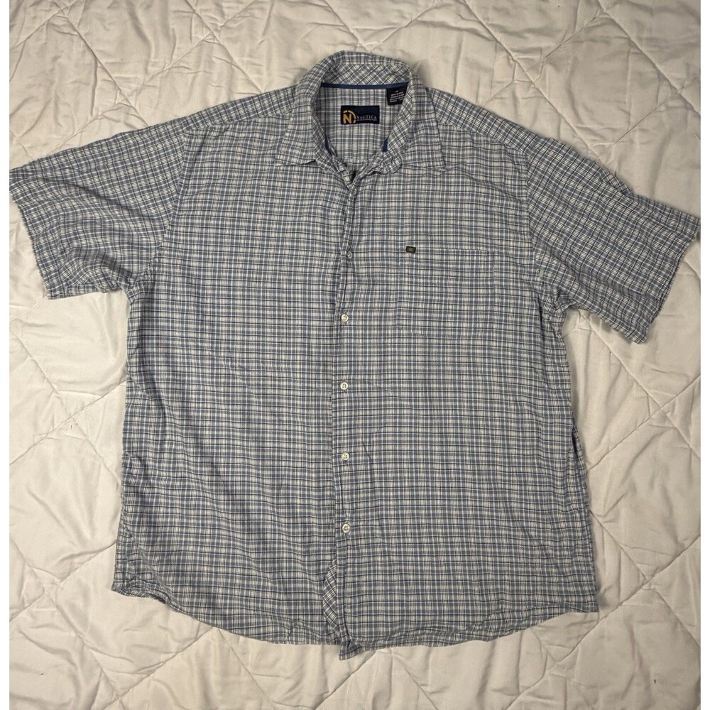 Nautica Jeans Company Blue White Plaid Short Sleeve Button-Up Shirt XL Cotton